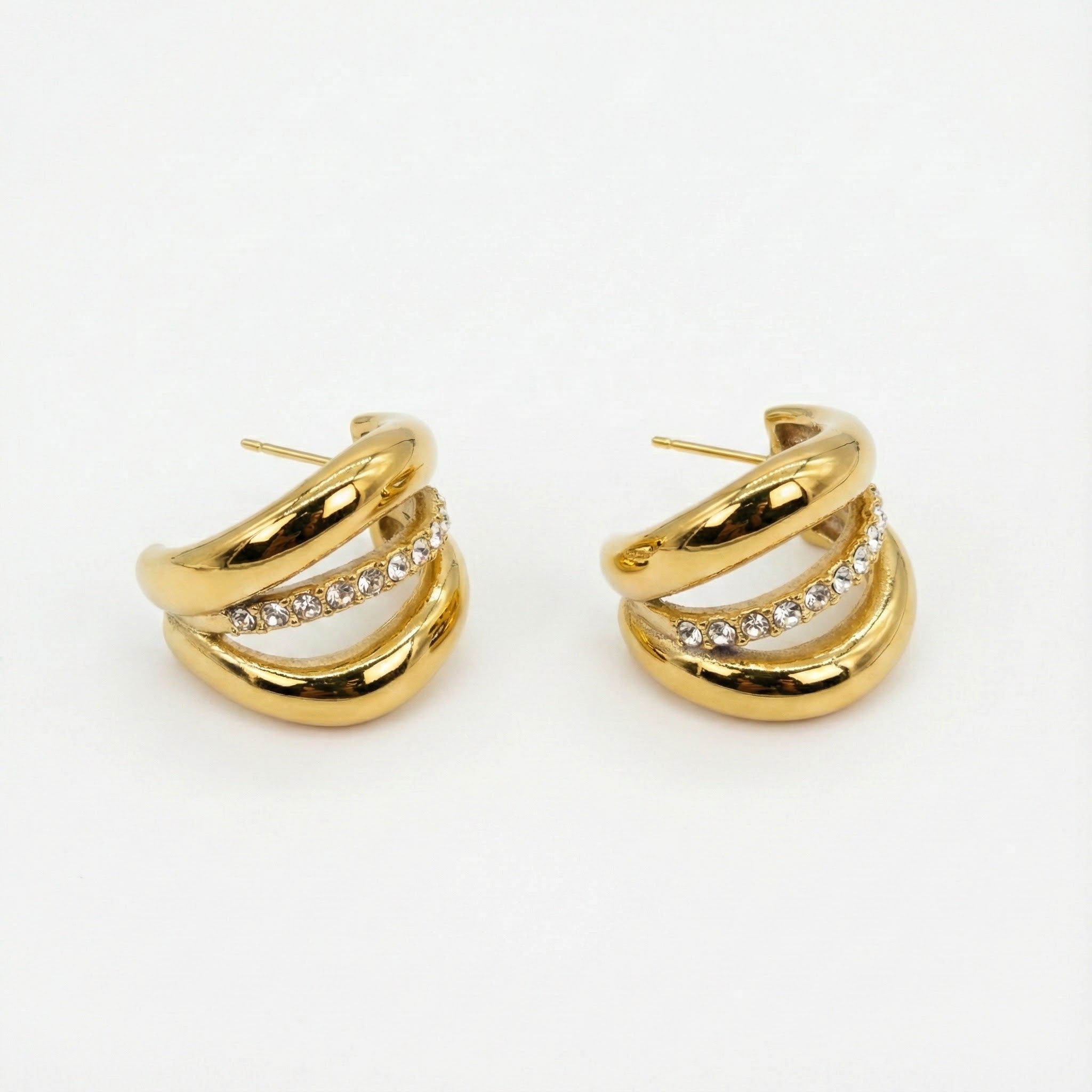Triple Row Pavé Hoop Earrings in Gold